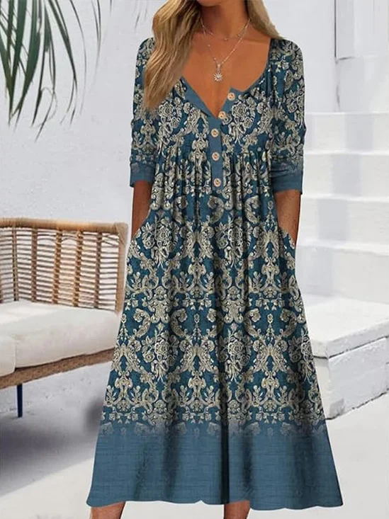 Damen Geblümt Sommer Print Kleid Halb offener Kragen Halbarm A-Linien-Kleid