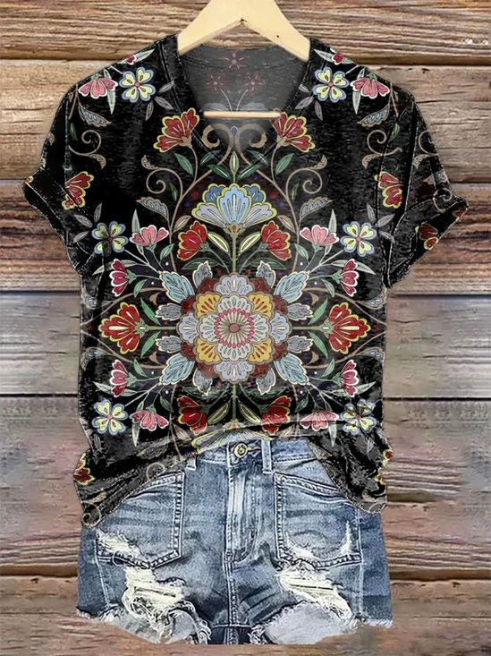 Retro Geblümt V-Ausschnitt Kurzarm T-Shirt