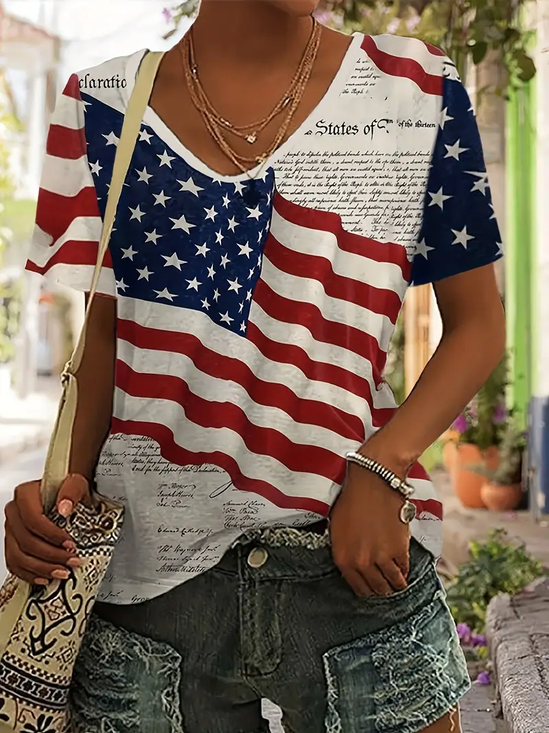 Lässig Tag der Unabhängigkeit (Flagge) V-Ausschnitt Kurzarm T-Shirt