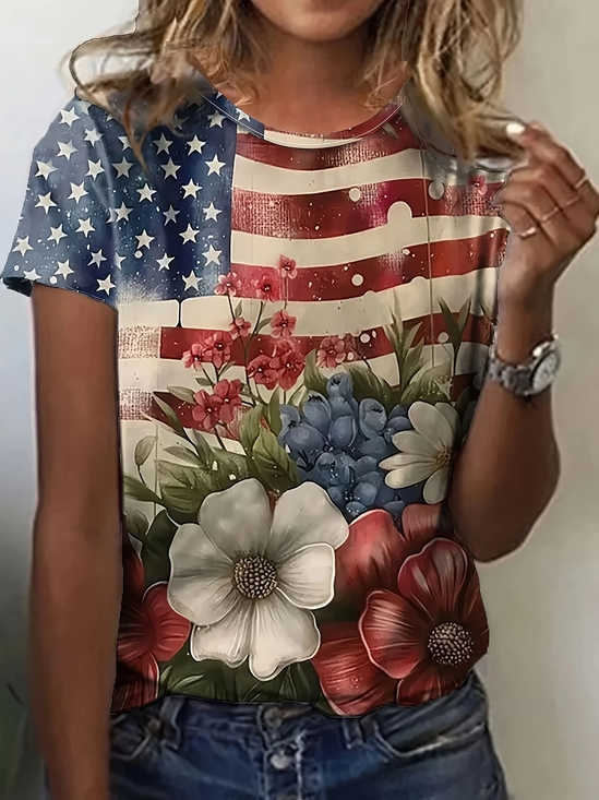 Lässig Geblümt Rundhals Kurzarm T-Shirt