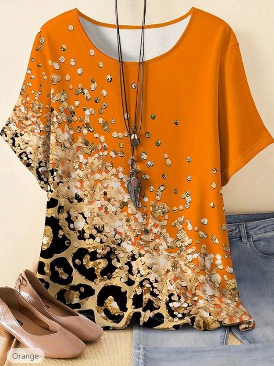 Retro Leopard Rundhals Dreiviertelärmel T-Shirt