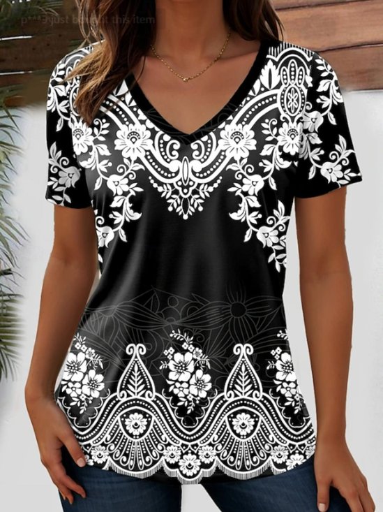 Lässig Ethnisch V-Ausschnitt Kurzarm T-Shirt