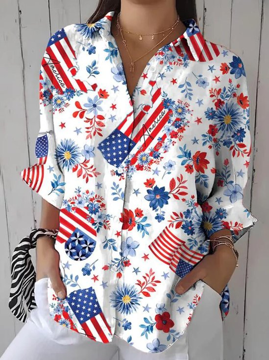 Hemdkragen Langarm Amerika-Flagge Regelmäßig Mikroelastizität Regelmäßige Passform Bluse für Damen