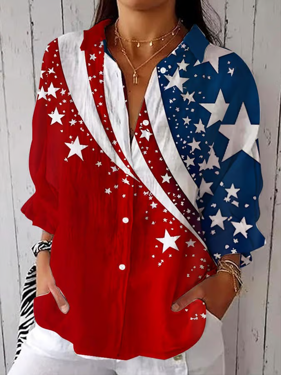 Hemdkragen Dreiviertelärmel Tag der Unabhängigkeit (Flagge) Print Regelmäßig Weit Bluse für Damen