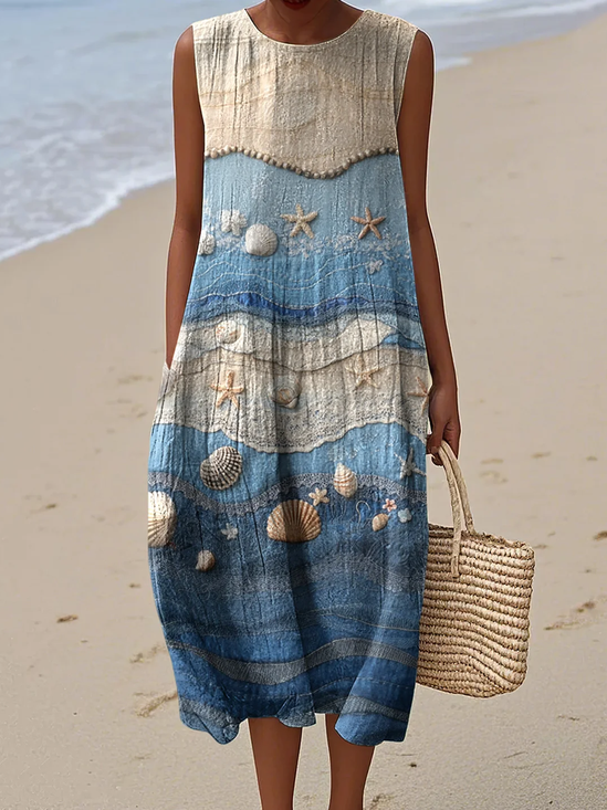 Damen Sparren Sommer Kleid Rundhals Ärmellos A-Linien-Kleid
