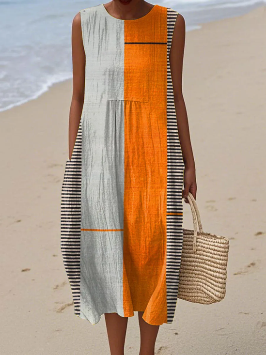 Damen Gestreift Sommer Kleid Rundhals Ärmellos A-Linien-Kleid