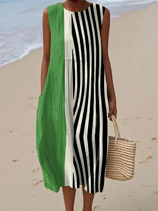 Damen Gestreift Sommer Kleid Rundhals Ärmellos A-Linien-Kleid