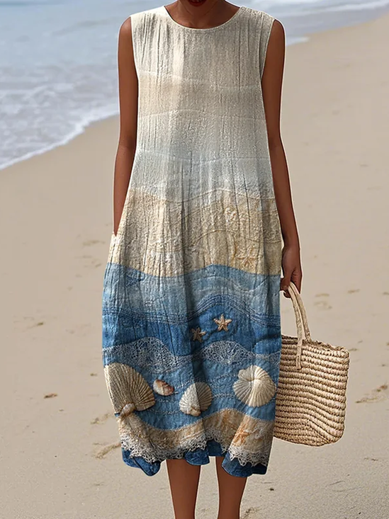 Damen Sparren Sommer Kleid Rundhals Ärmellos A-Linien-Kleid