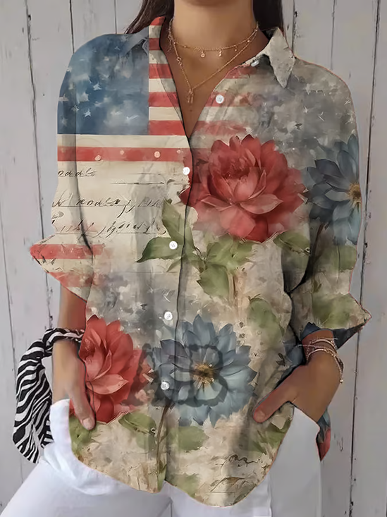 Hemdkragen Dreiviertelärmel Geblümt Print Regelmäßig Weit Bluse für Damen