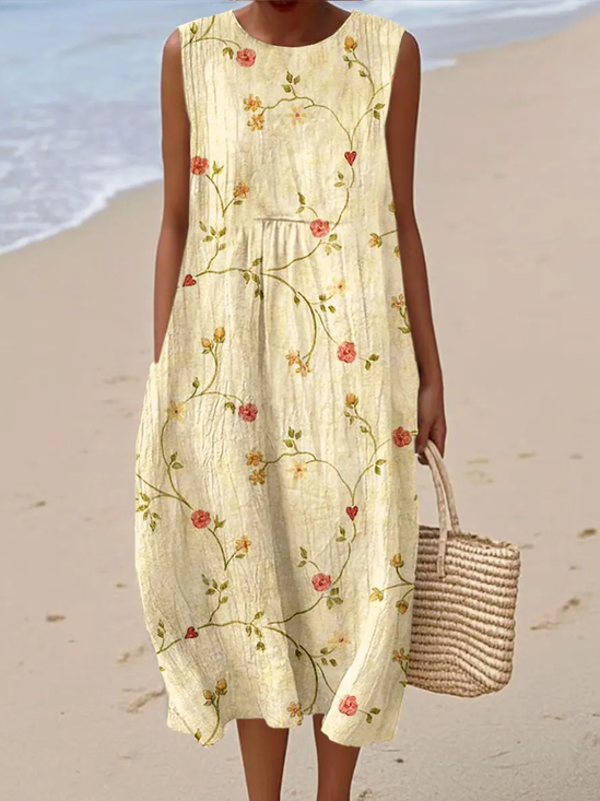 Damen Geblümt Sommer Kleid Rundhals Ärmellos A-Linien-Kleid