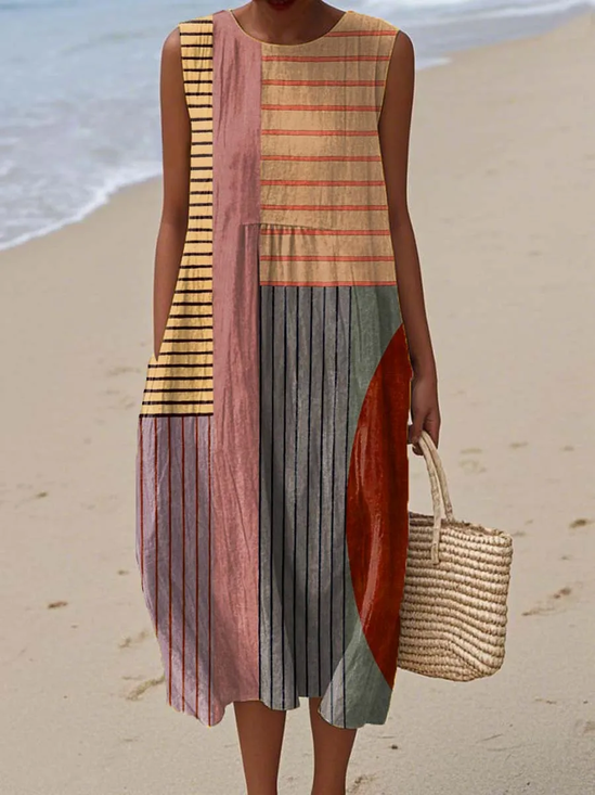 Damen Gestreift Sommer Kleid Rundhals Ärmellos A-Linien-Kleid