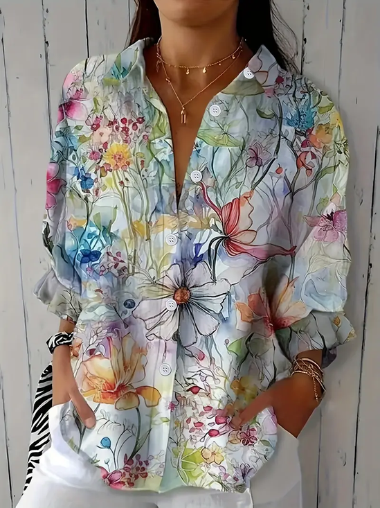 Hemdkragen Dreiviertelärmel Geblümt Print Regelmäßig Weit Bluse für Damen