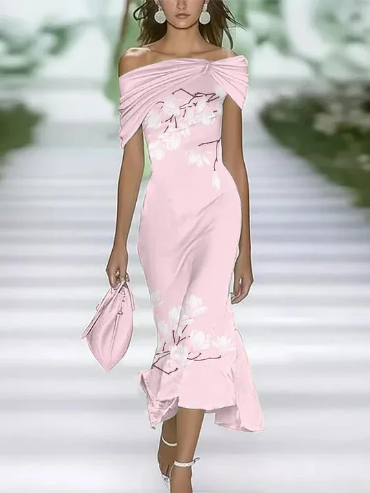 Damen Geblümt Sommer Print Kleid Schulterfrei Flügelärmel H-Linie Kleid