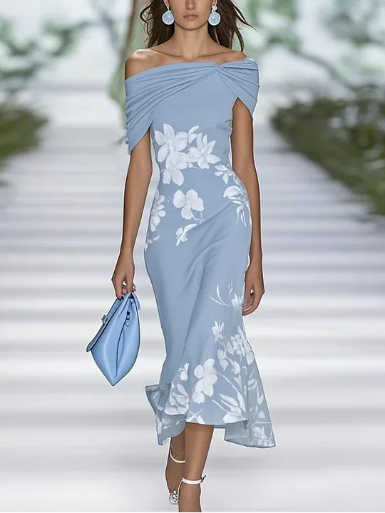 Damen Geblümt Sommer Print Kleid Schulterfrei Flügelärmel H-Linie Kleid
