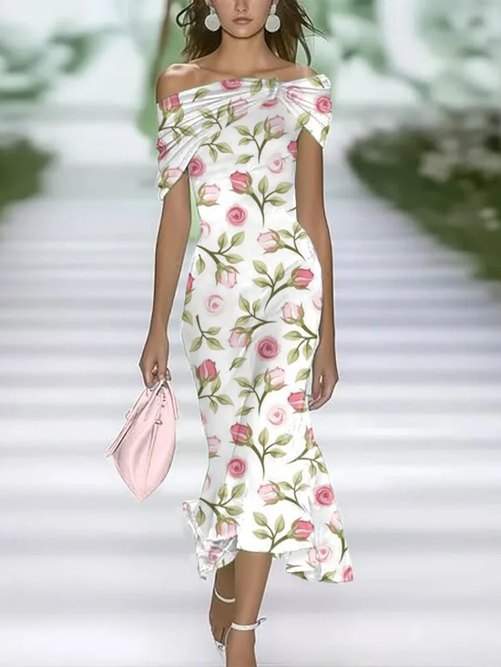 Damen Geblümt Sommer Print Kleid Schulterfrei Flügelärmel H-Linie Kleid