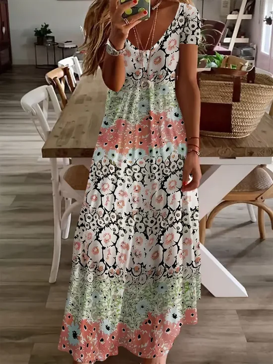 Damen Geblümt Sommer Print Kleid V-Ausschnitt Kurzarm X-Linie Kleid