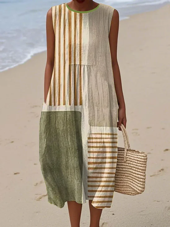 Damen Gestreift Sommer Kleid Rundhals Ärmellos A-Linien-Kleid