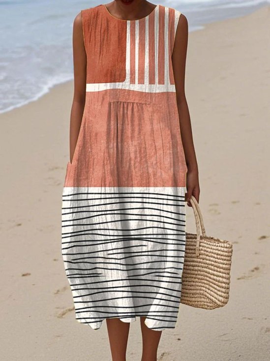 Damen Farbblock Sommer Kleid Rundhals Ärmellos A-Linien-Kleid