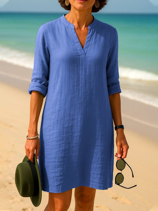 Damen Unifarben Frühling/Herbst Kleid V-Ausschnitt Langarm A-Linien-Kleid