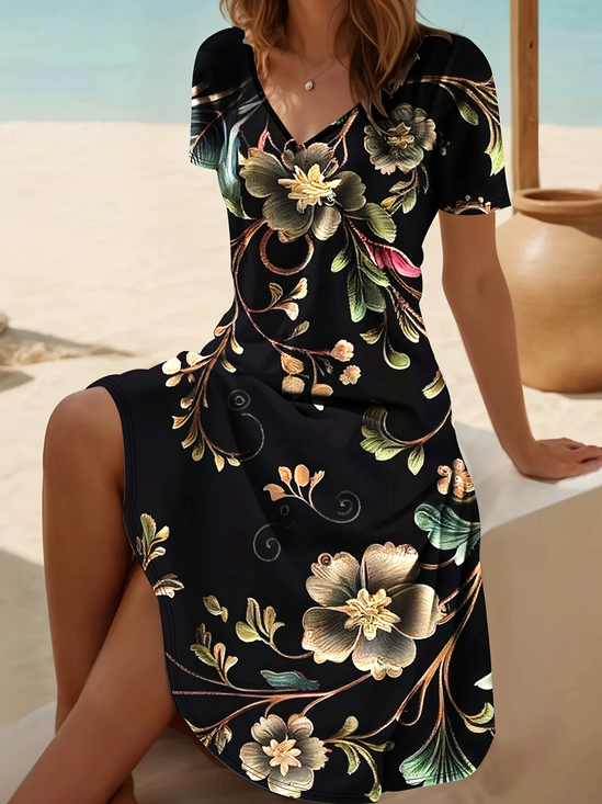 Damen Geblümt Sommer Kleid V-Ausschnitt Kurzarm Passen & Flare Kleid A-Linien-Kleid