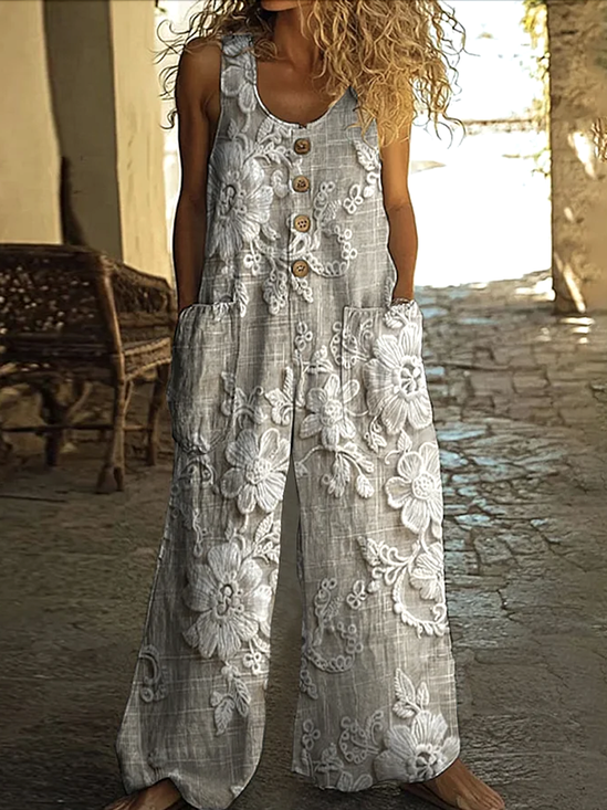 Damen Unifarben Rundhals Ärmellos Lässig Sommer Baumwolle Jumpsuit