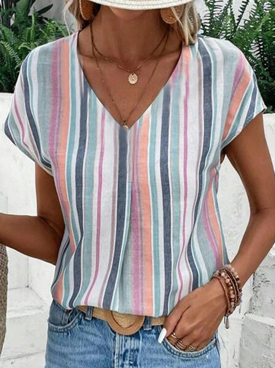 Lässig Gestreift V-Ausschnitt Kurzarm T-Shirt