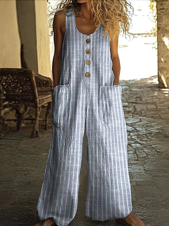 Damen Unifarben Rundhals Ärmellos Lässig Sommer Baumwolle Jumpsuit