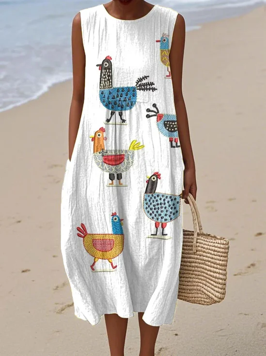 Damen Geometrisch Sommer Kleid Rundhals Ärmellos A-Linien-Kleid