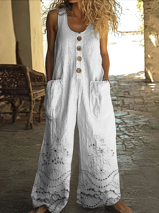 Damen Unifarben Rundhals Ärmellos Lässig Sommer Baumwolle Jumpsuit