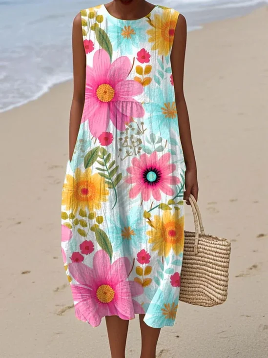 Damen Geblümt Sommer Kleid Rundhals Ärmellos A-Linien-Kleid