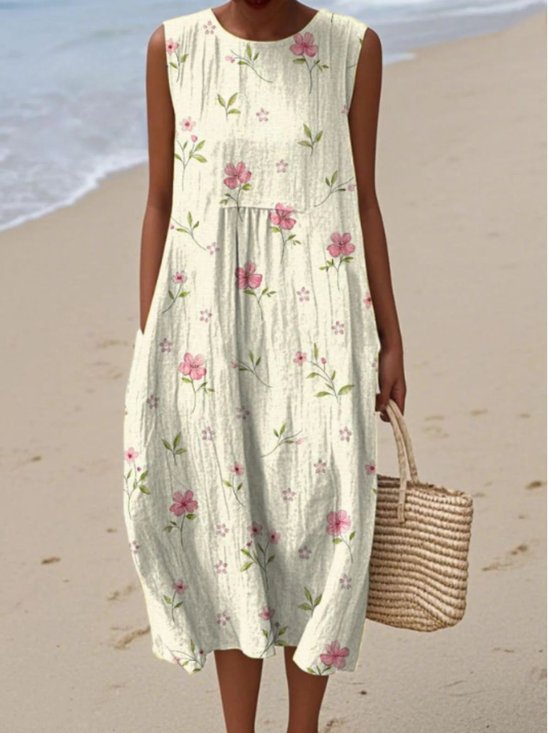 Damen Geblümt Sommer Kleid Rundhals Ärmellos A-Linien-Kleid