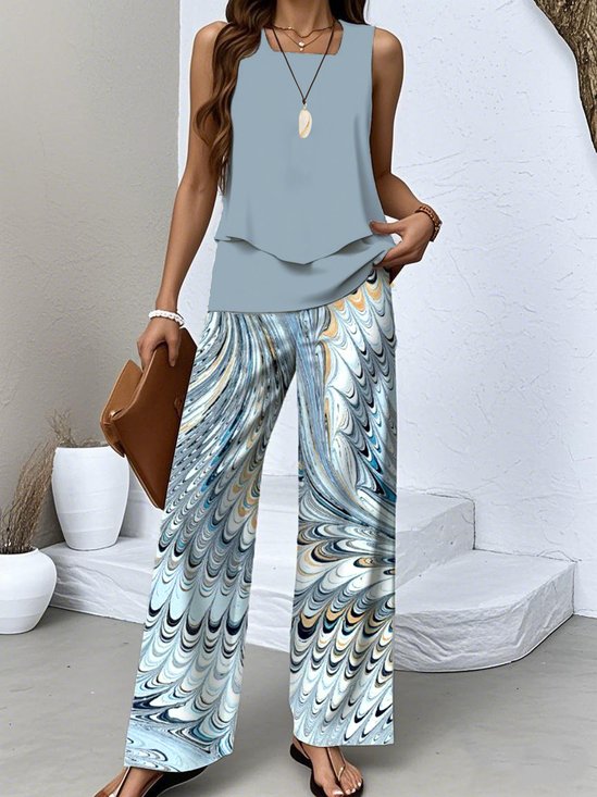 Damen Geometrisch Zweiteiliges Set Täglich Ärmellos Lässig Sommer Bluse mit Hose Matching Set