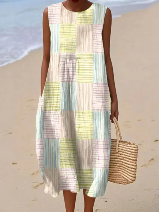 Damen Farbblock Sommer Kleid Rundhals Ärmellos A-Linien-Kleid