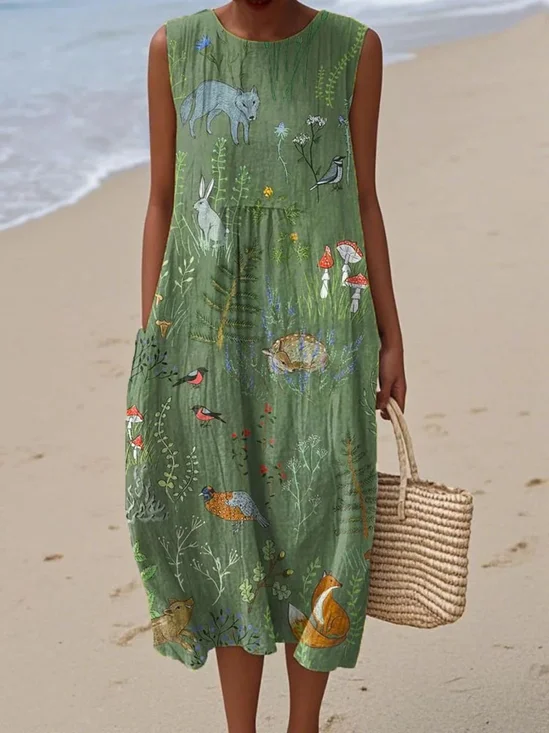 Damen Malerei Sommer Kleid Rundhals Ärmellos A-Linien-Kleid