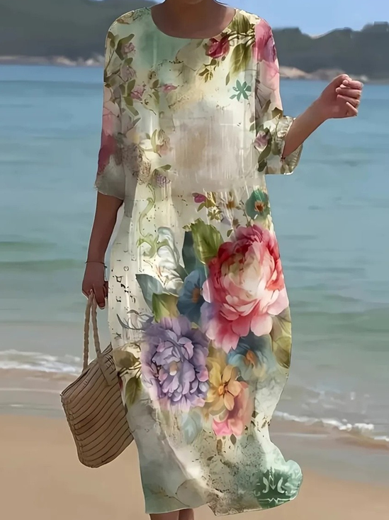Damen Geblümt Sommer Kleid Rundhals Kurzarm A-Linien-Kleid