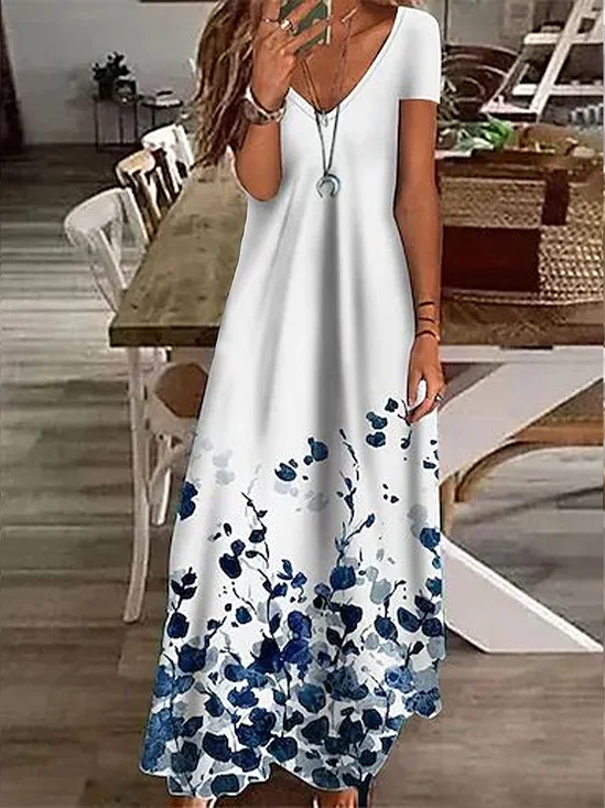 Damen Geblümt Sommer Print Kleid V-Ausschnitt Kurzarm X-Linie Kleid