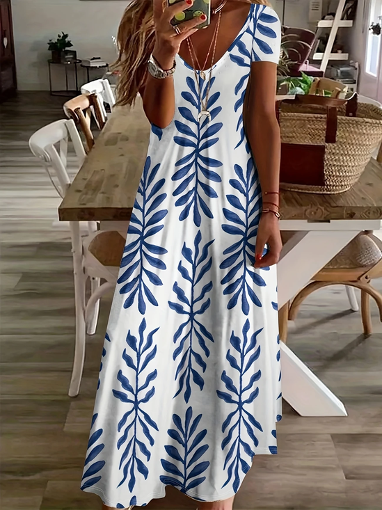 Damen Geblümt Sommer Print Kleid V-Ausschnitt Kurzarm X-Linie Kleid
