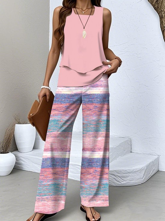 Damen Gestreift Zweiteiliges Set Täglich Ärmellos Lässig Sommer Bluse mit Hose Matching Set