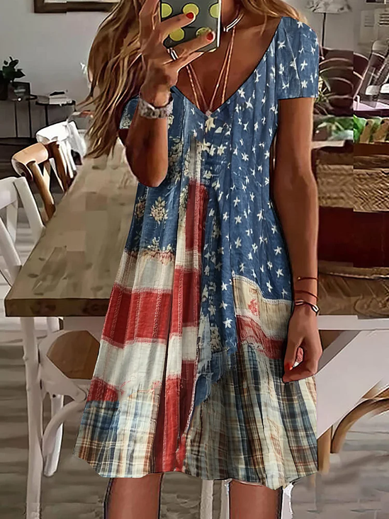 Damen Tag der Unabhängigkeit (Flagge) Sommer Print Kleid V-Ausschnitt Kurzarm Klassisch A-Linien-Kleid