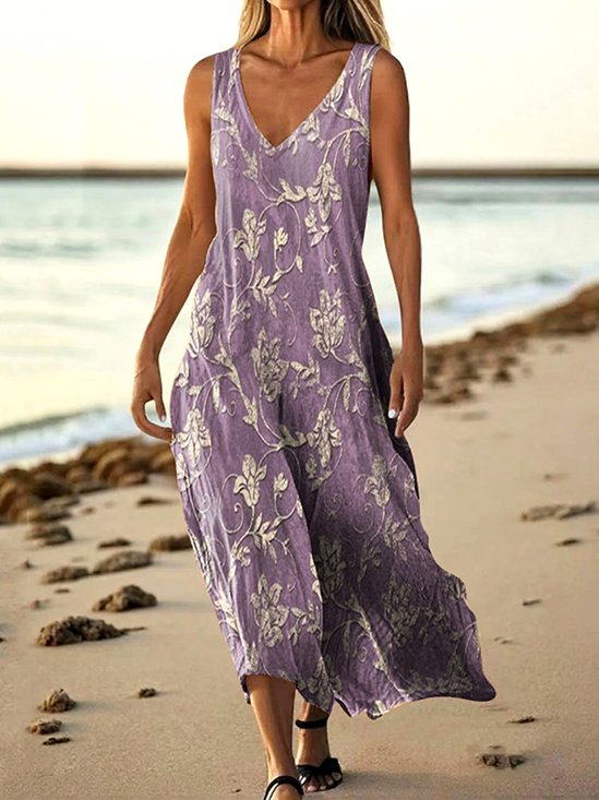 Damen Geblümt Sommer Kleid V-Ausschnitt Ärmellos A-Linien-Kleid