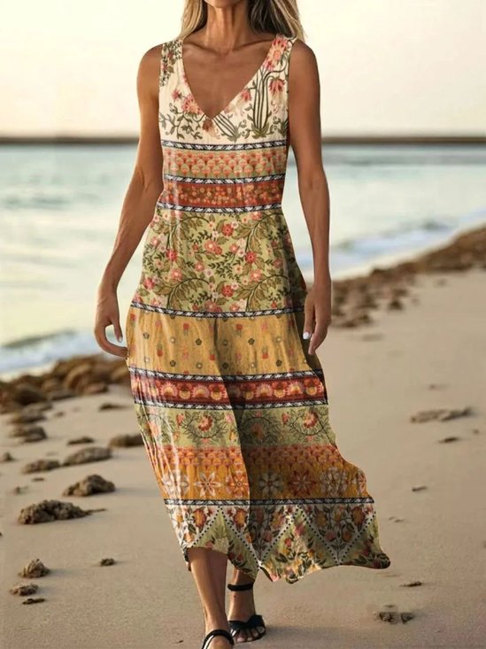 Damen Geblümt Sommer Kleid V-Ausschnitt Ärmellos A-Linien-Kleid