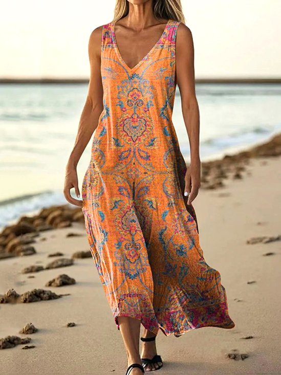 Damen Geblümt Sommer Kleid V-Ausschnitt Ärmellos A-Linien-Kleid