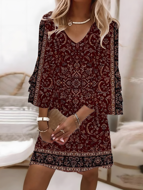 Damen Geblümt Sommer Print Kleid V-Ausschnitt Halbarm H-Linie Kleid