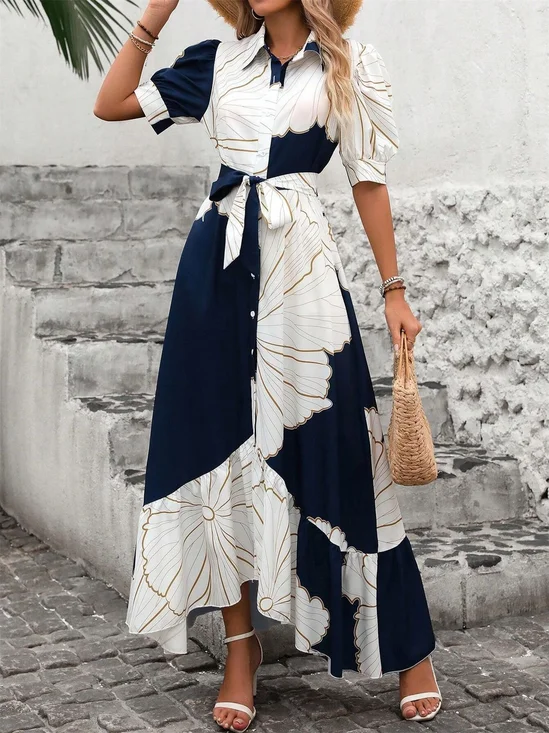 Damen Geometrisch Puffärmel Sommer Print Kleid V-Ausschnitt Kurzarm Blusenkleid A-Linien-Kleid