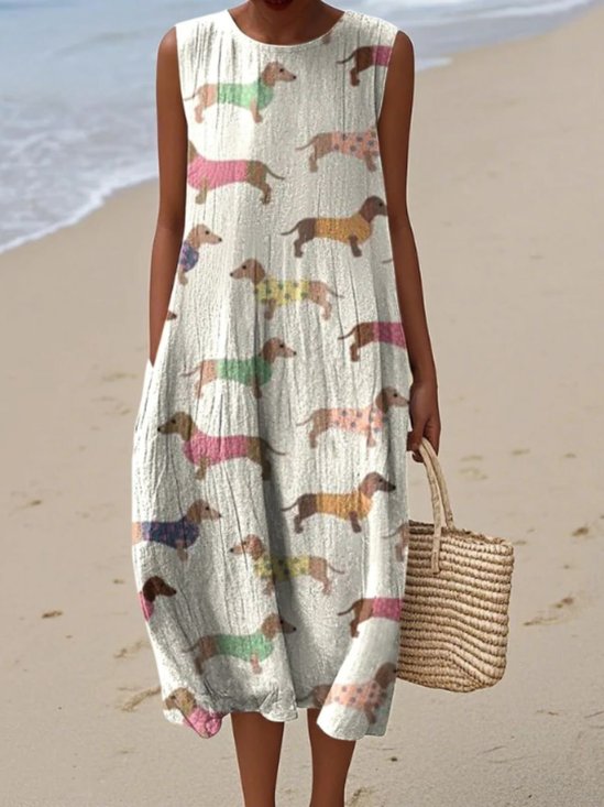 Damen Malerei Sommer Kleid Rundhals Ärmellos A-Linien-Kleid