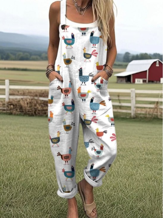 Damen Tier Karree-Ausschnitt Gallus Lässig Sommer Leinen Jumpsuit