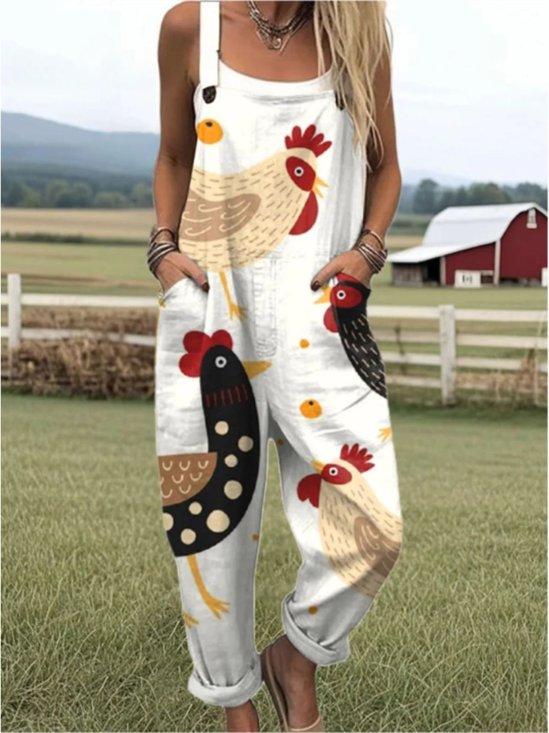 Damen Tier Karree-Ausschnitt Gallus Lässig Sommer Baumwolle Leinen Jumpsuit