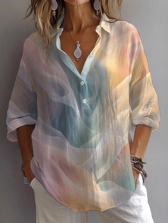 Hemdkragen Langarm Abstrakt Print Regelmäßig Weit Knopfhemd Bluse für Damen