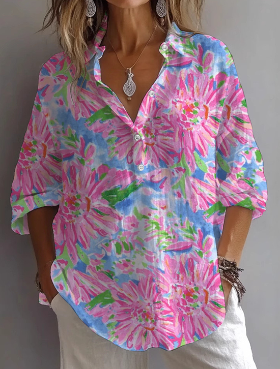 Hemdkragen Langarm Geblümt Print Regelmäßig Weit Knopfhemd Bluse für Damen