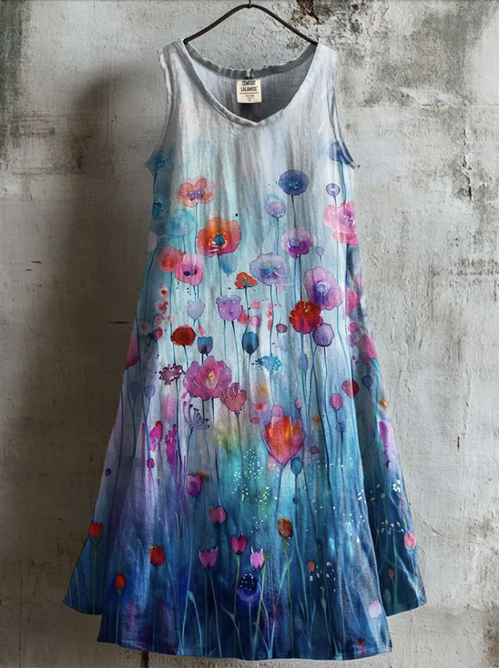 Damen Geblümt Sommer Kleid Rundhals Ärmellos A-Linien-Kleid
